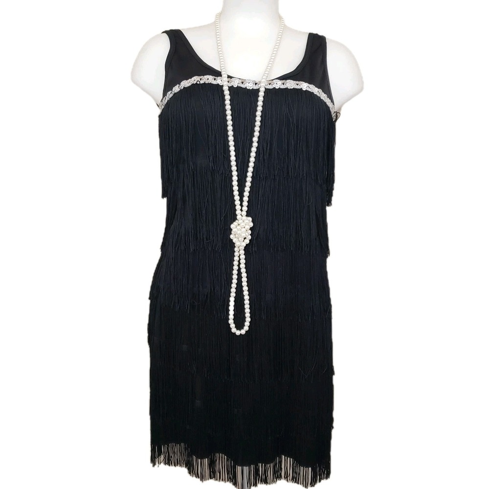 Flapper Costume Black Fringe Dress 1920s Sequin Gatsby Glam Cabaret Retro Size S